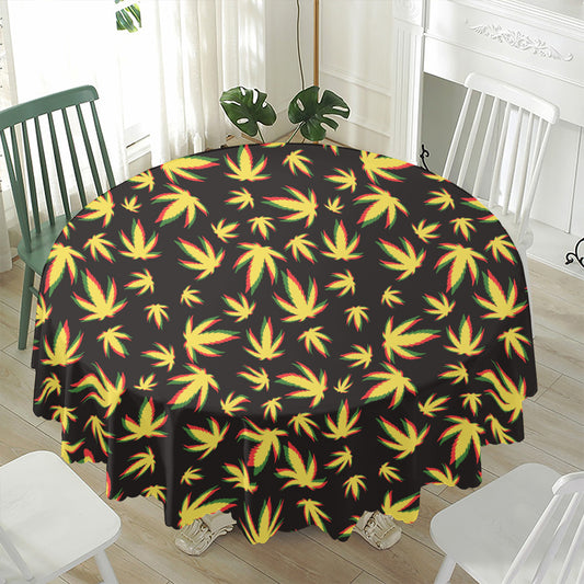 Trippy Weed Leaf Pattern Print Waterproof Round Tablecloth
