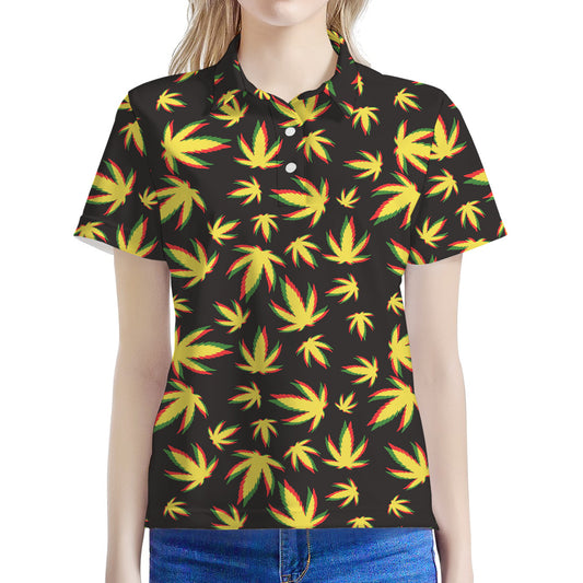 Trippy Weed Leaf Pattern Print Women's Polo Shirt