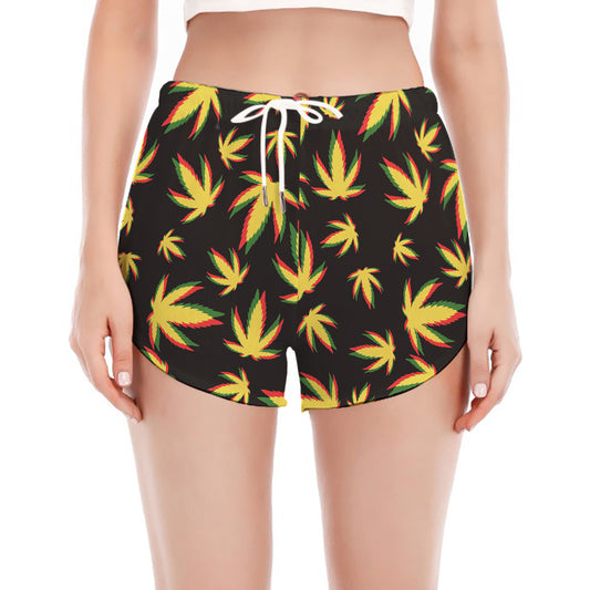 Trippy Weed Leaf Pattern Print Women's Split Running Shorts