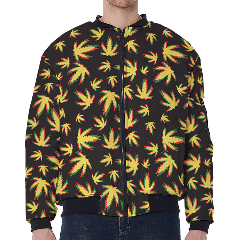Trippy Weed Leaf Pattern Print Zip Sleeve Bomber Jacket