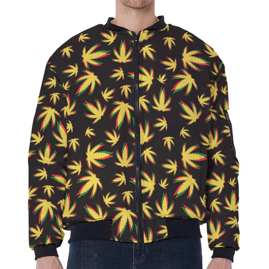 Trippy Weed Leaf Pattern Print Zip Sleeve Bomber Jacket