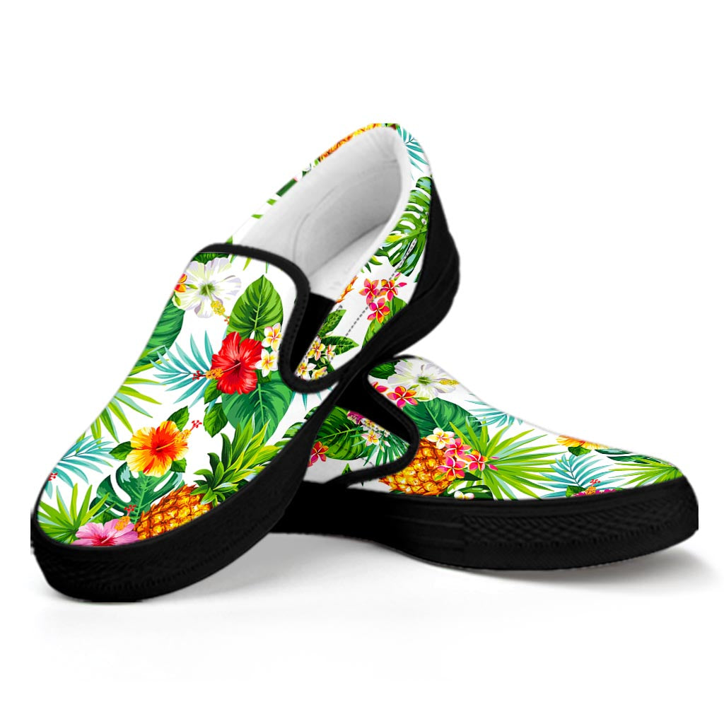 Tropical Aloha Pineapple Pattern Print Black Slip On Sneakers