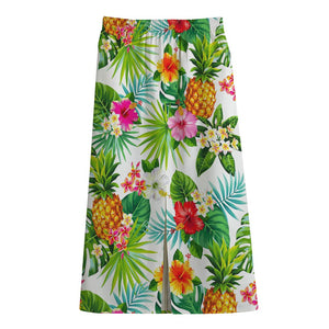 Tropical Aloha Pineapple Pattern Print Cotton Front Slit Maxi Skirt