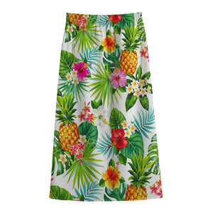 Tropical Aloha Pineapple Pattern Print Cotton Front Slit Maxi Skirt