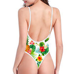 Tropical Aloha Pineapple Pattern Print High Cut One Piece Swimsuit