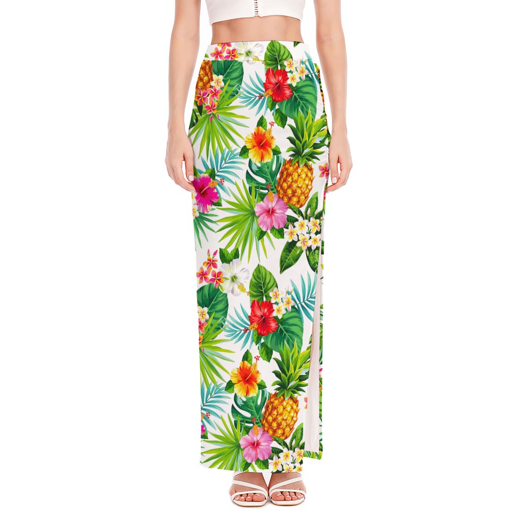 Tropical Aloha Pineapple Pattern Print High Slit Maxi Skirt