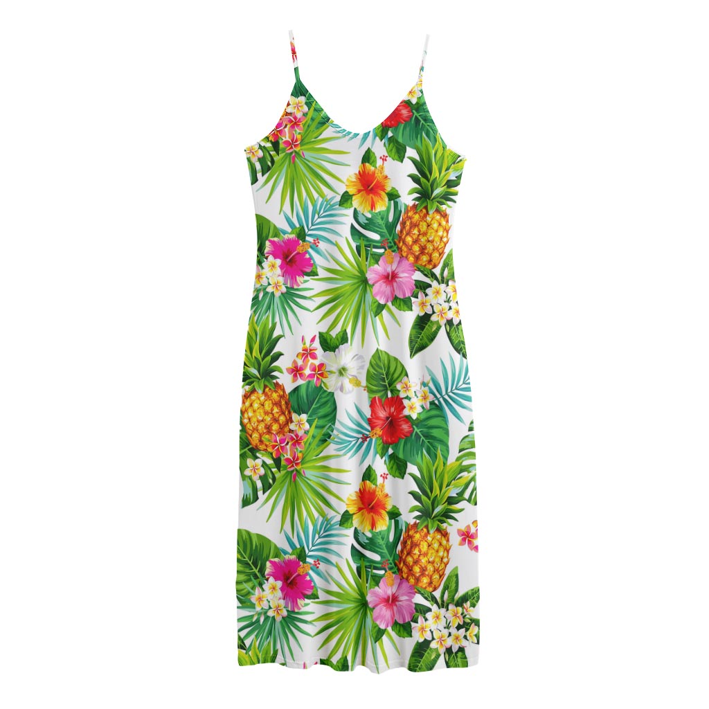 Tropical Aloha Pineapple Pattern Print Jersey Midi Cami Dress
