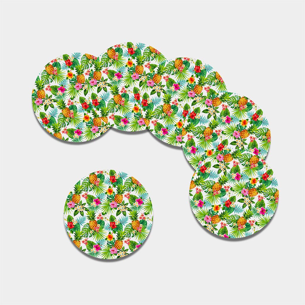 Tropical Aloha Pineapple Pattern Print Leather Coaster Set