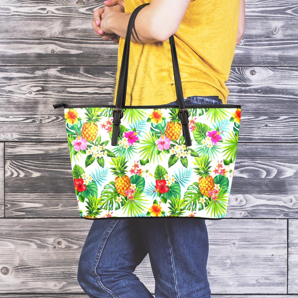 Tropical Aloha Pineapple Pattern Print Leather Tote Bag