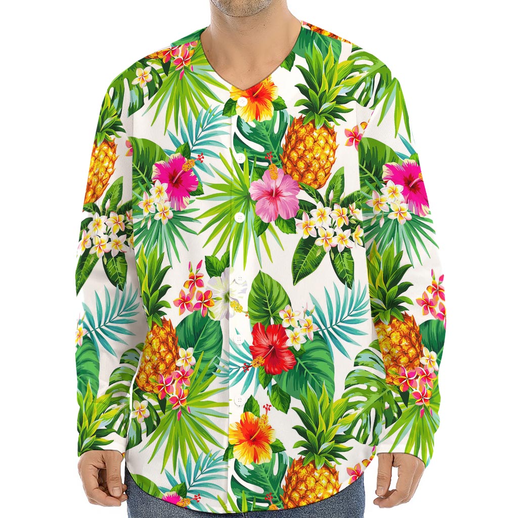 Tropical Aloha Pineapple Pattern Print Long Sleeve Baseball Jersey