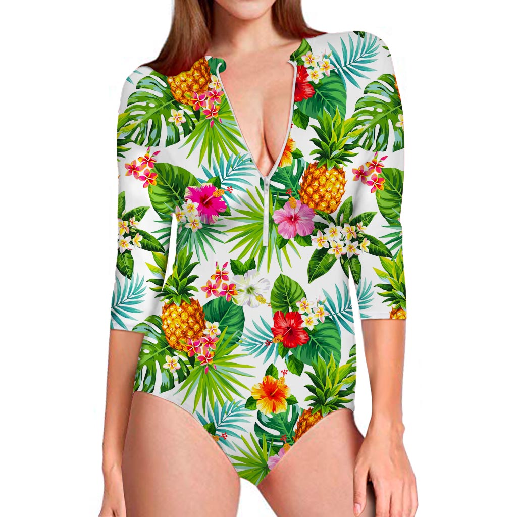 Tropical Aloha Pineapple Pattern Print Long Sleeve Swimsuit