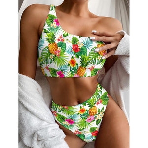 Tropical Aloha Pineapple Pattern Print One Shoulder Bikini Top