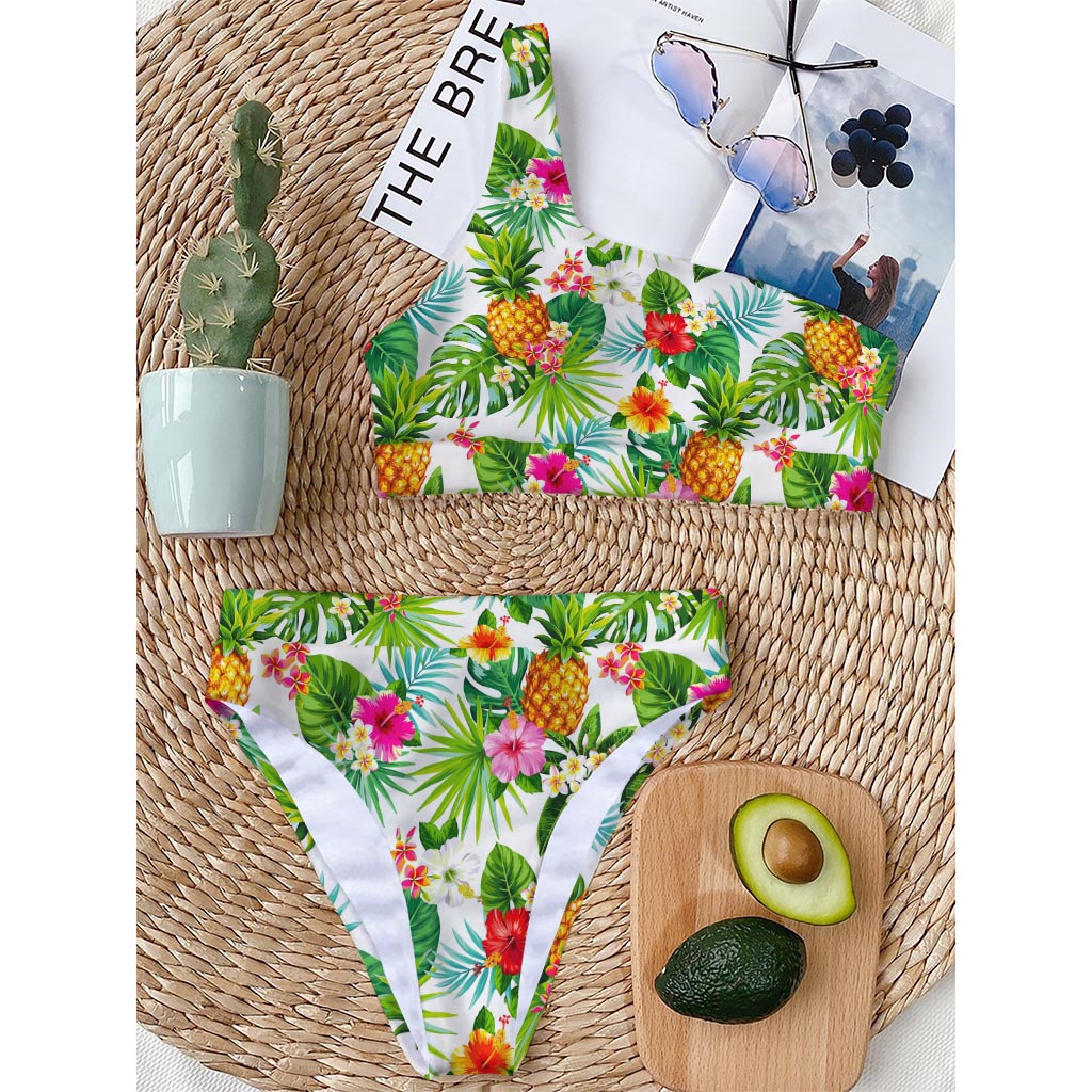 Tropical Aloha Pineapple Pattern Print One Shoulder Bikini Top