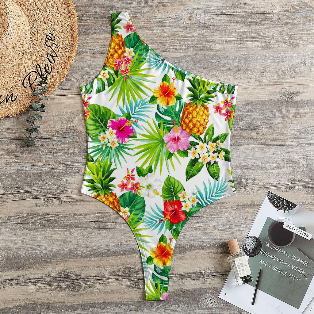 Tropical Aloha Pineapple Pattern Print One Shoulder Bodysuit