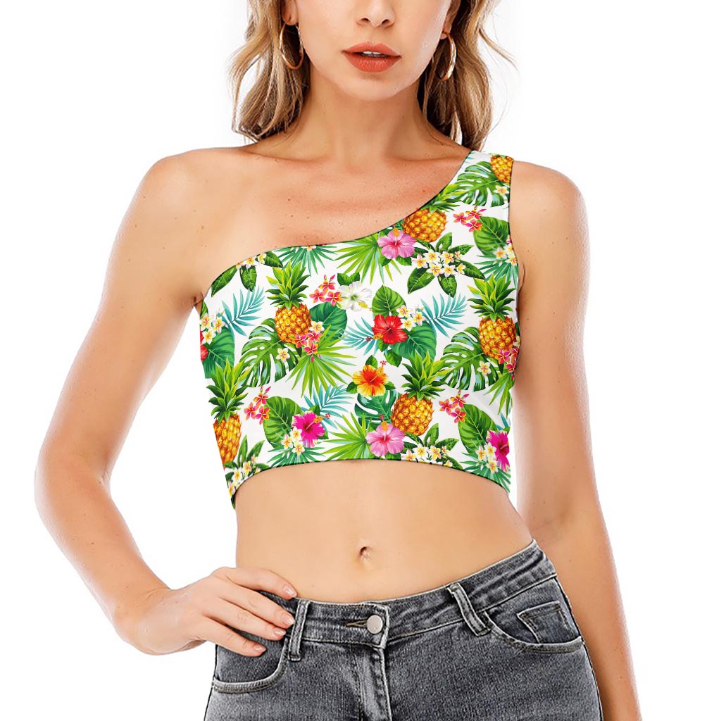 Tropical Aloha Pineapple Pattern Print One Shoulder Crop Top