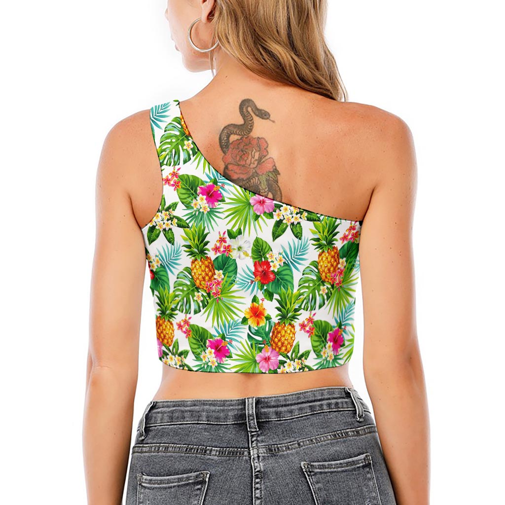 Tropical Aloha Pineapple Pattern Print One Shoulder Crop Top