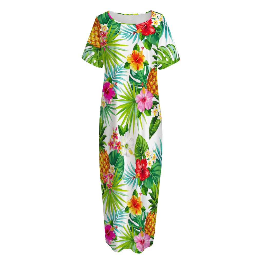 Tropical Aloha Pineapple Pattern Print Short Sleeve Long Nightdress