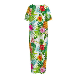 Tropical Aloha Pineapple Pattern Print Short Sleeve Long Nightdress