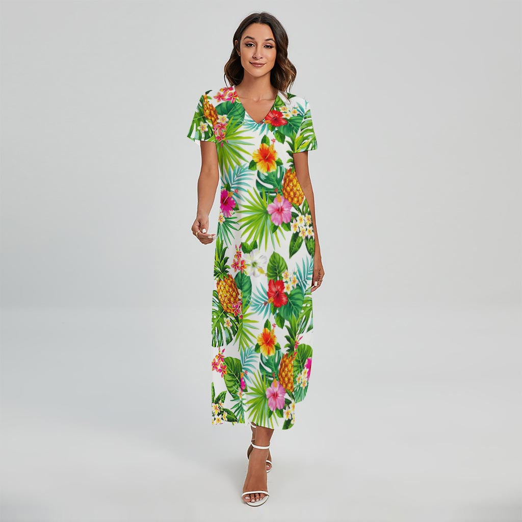 Tropical Aloha Pineapple Pattern Print Short Sleeve Maxi Dress