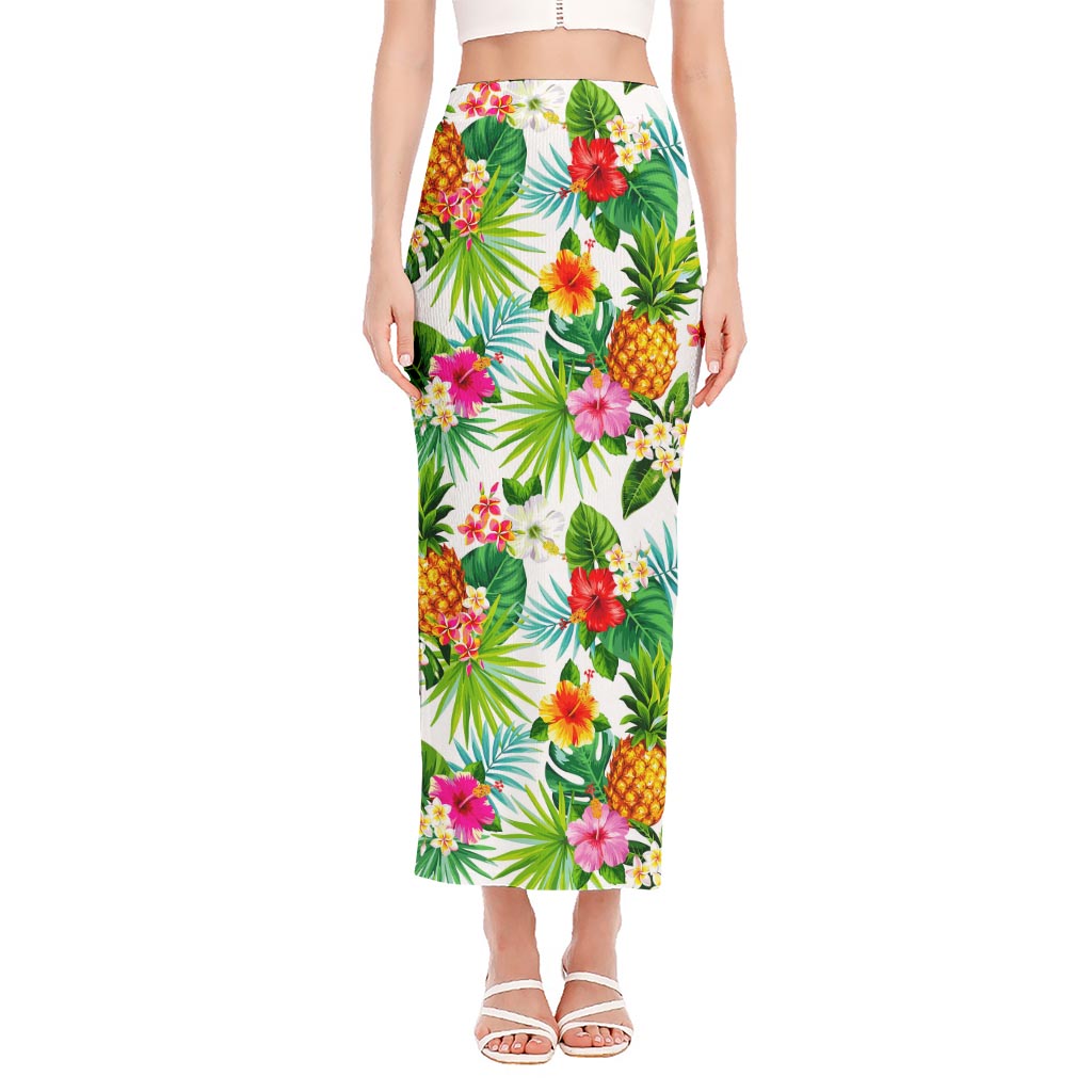 Tropical Aloha Pineapple Pattern Print Side Slit Maxi Skirt