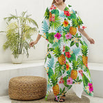 Tropical Aloha Pineapple Pattern Print Silk V-Neck Kaftan Dress