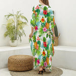 Tropical Aloha Pineapple Pattern Print Silk V-Neck Kaftan Dress