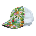 Tropical Aloha Pineapple Pattern Print White Mesh Trucker Cap