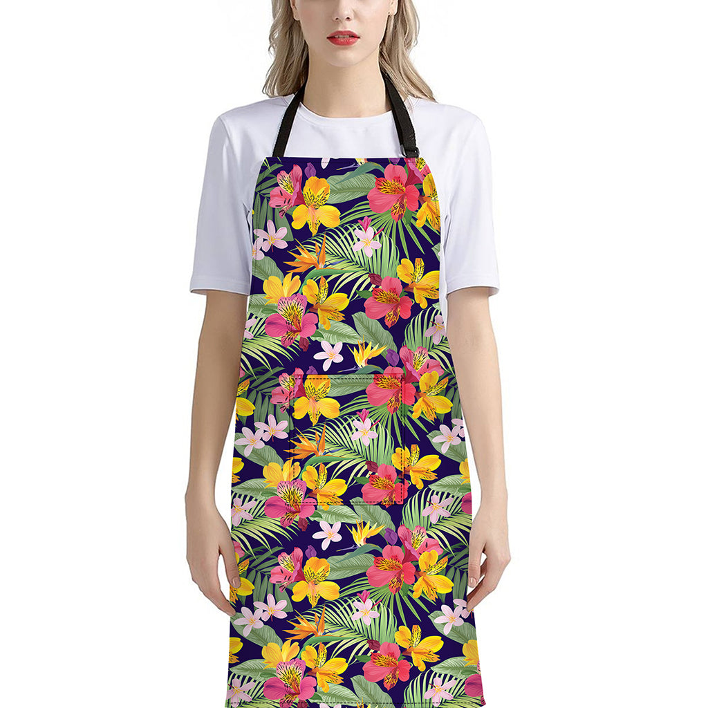 Tropical Alstroemeria Pattern Print Bib Apron With Pocket