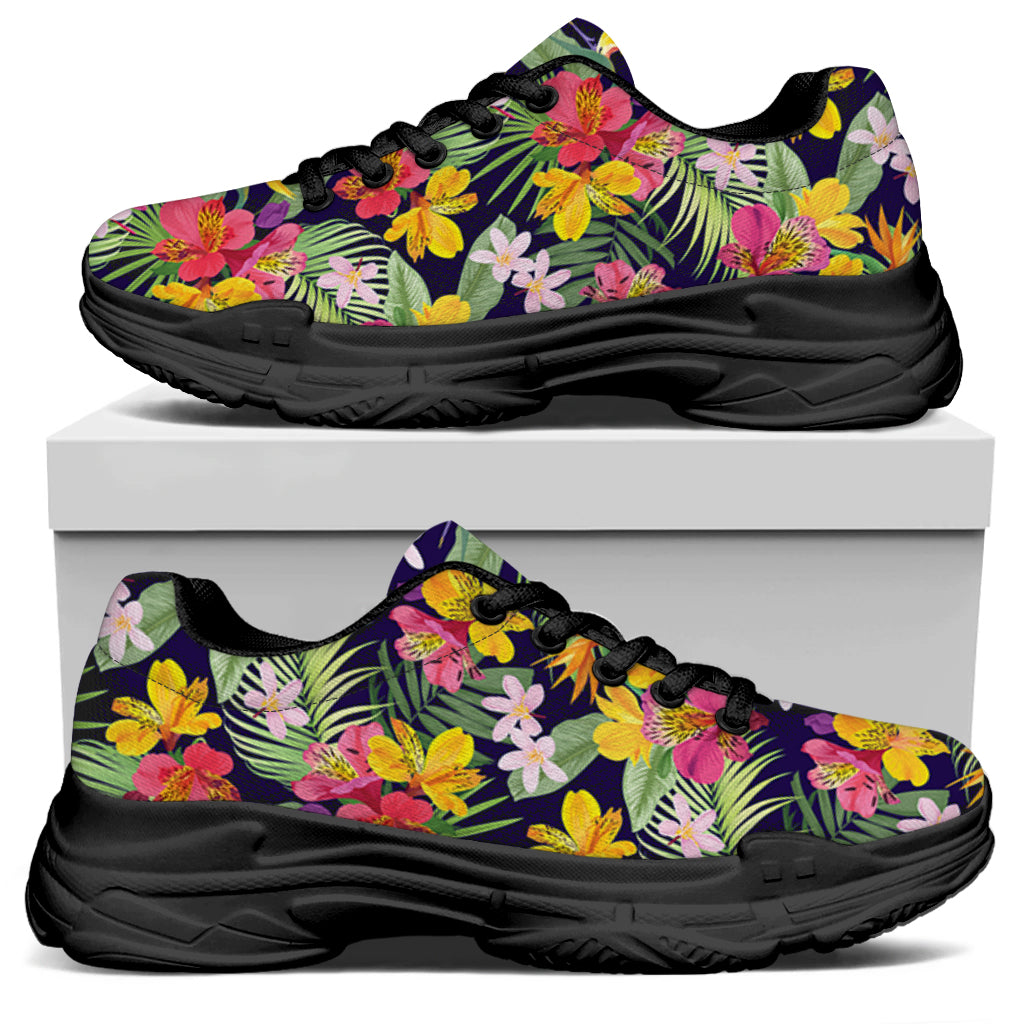 Tropical Alstroemeria Pattern Print Black Chunky Shoes