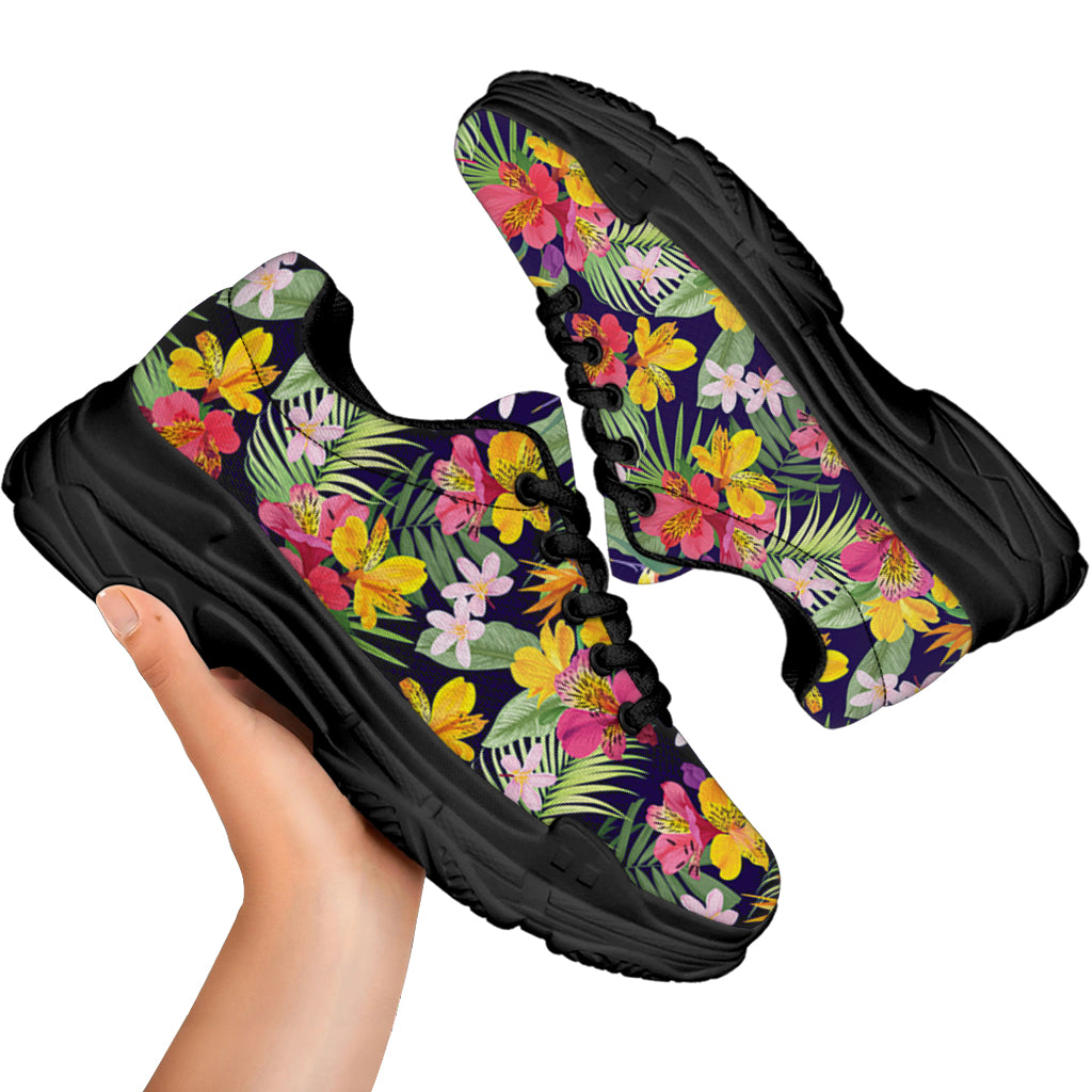 Tropical Alstroemeria Pattern Print Black Chunky Shoes