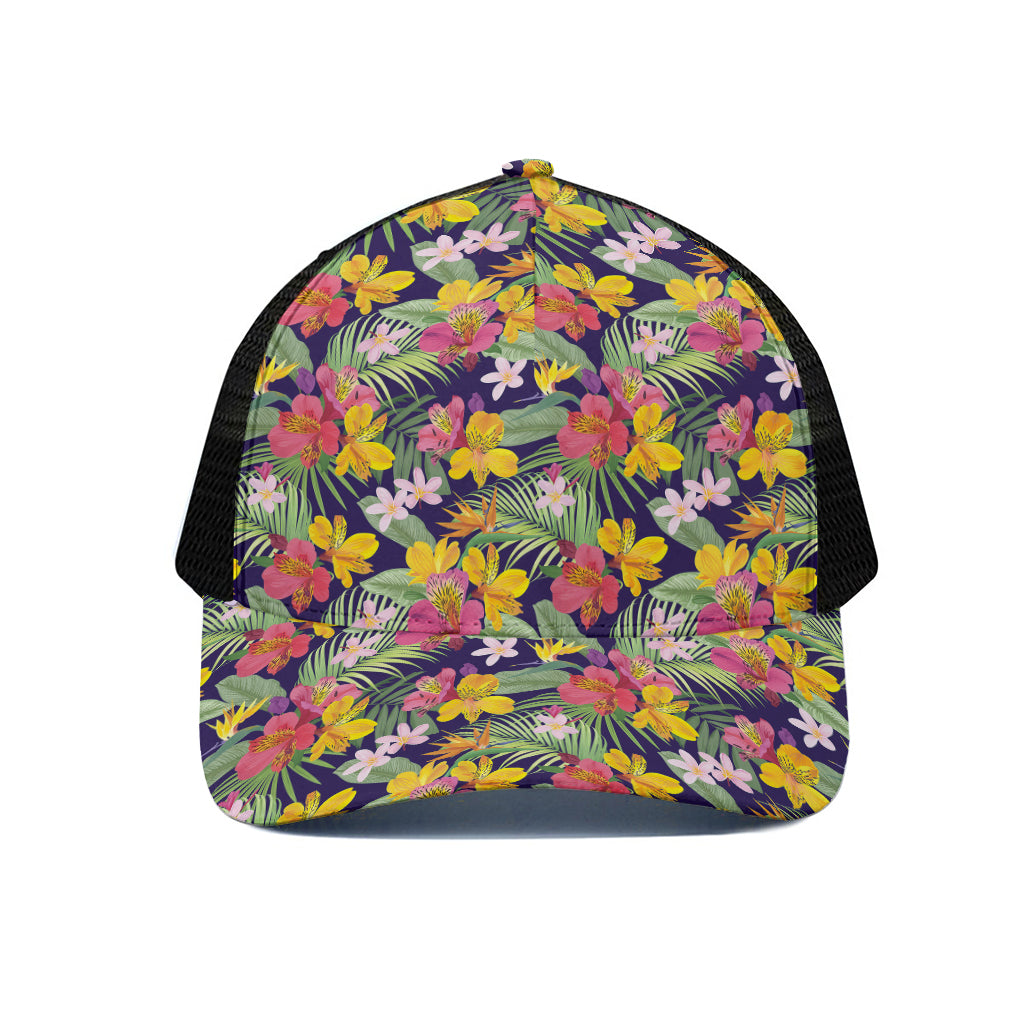 Tropical Alstroemeria Pattern Print Black Mesh Trucker Cap