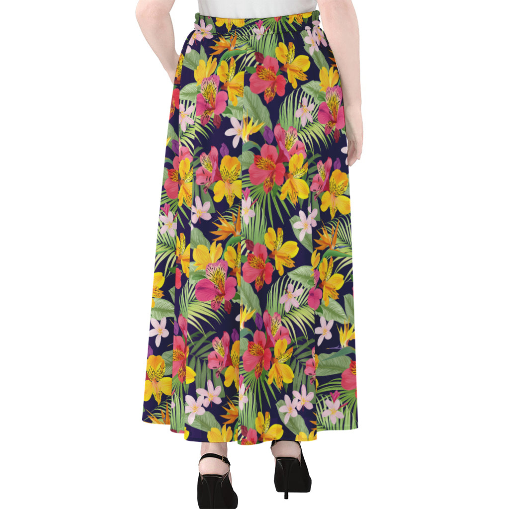 Tropical Alstroemeria Pattern Print Chiffon Maxi Skirt