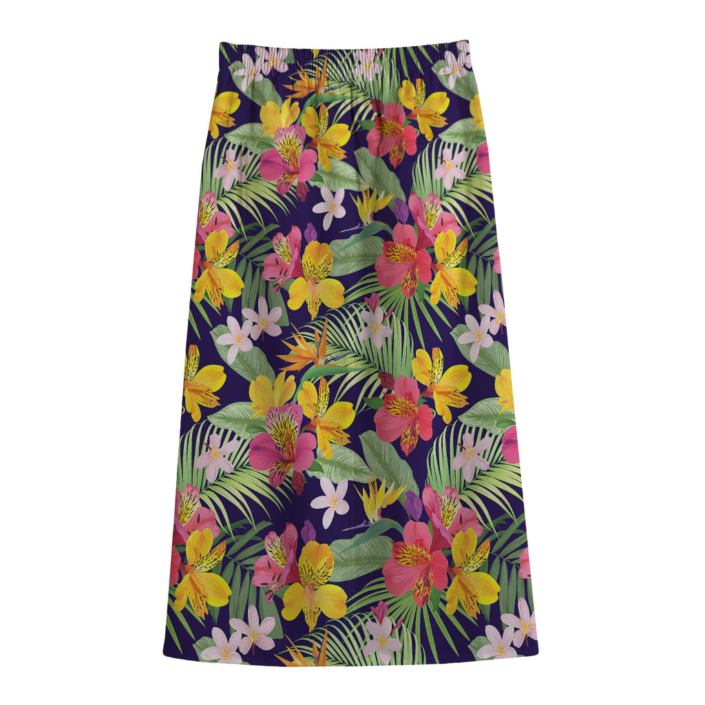 Tropical Alstroemeria Pattern Print Cotton Front Slit Maxi Skirt