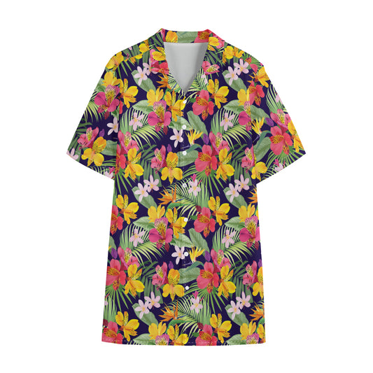 Tropical Alstroemeria Pattern Print Cotton Hawaiian Shirt