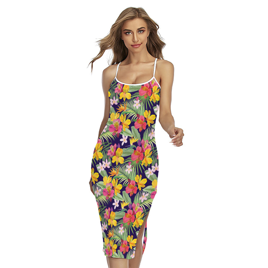 Tropical Alstroemeria Pattern Print Cross Back Cami Dress