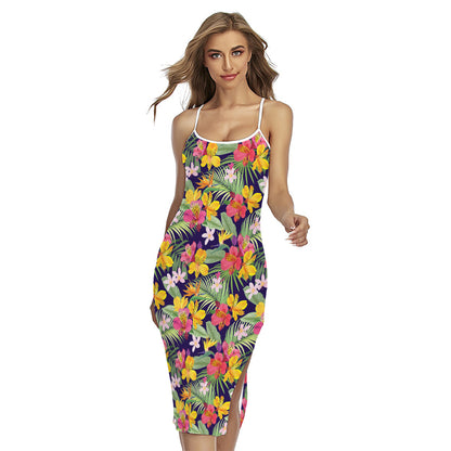 Tropical Alstroemeria Pattern Print Cross Back Cami Dress