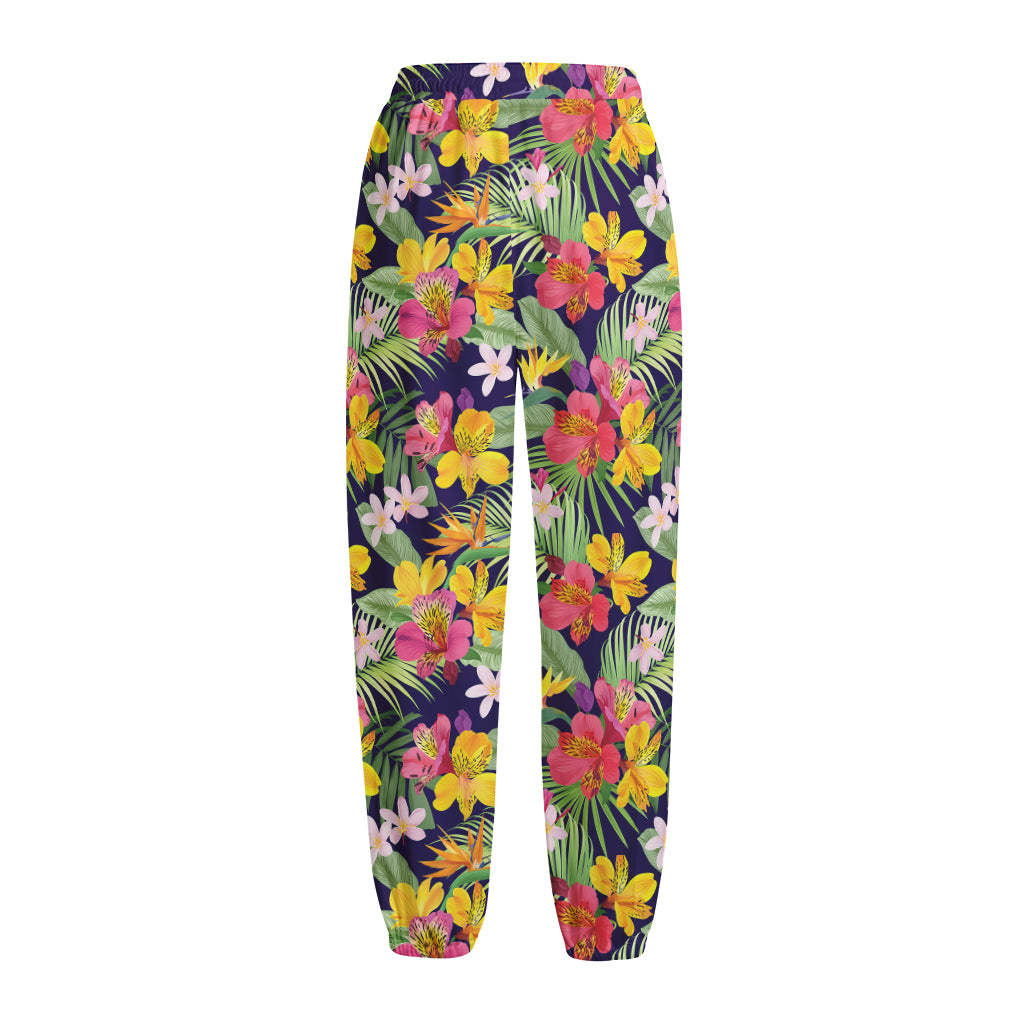 Tropical Alstroemeria Pattern Print Fleece Lined Knit Pants