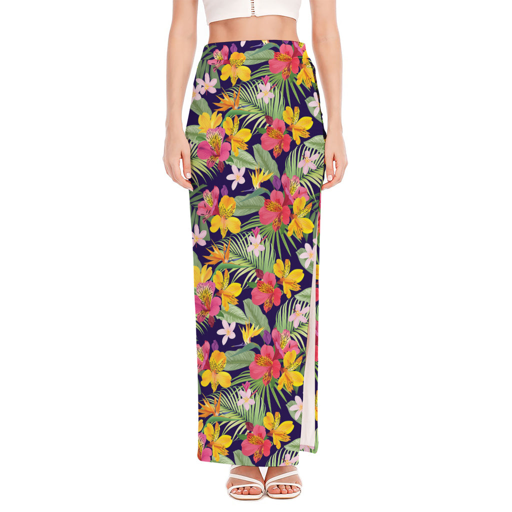 Tropical Alstroemeria Pattern Print High Slit Maxi Skirt