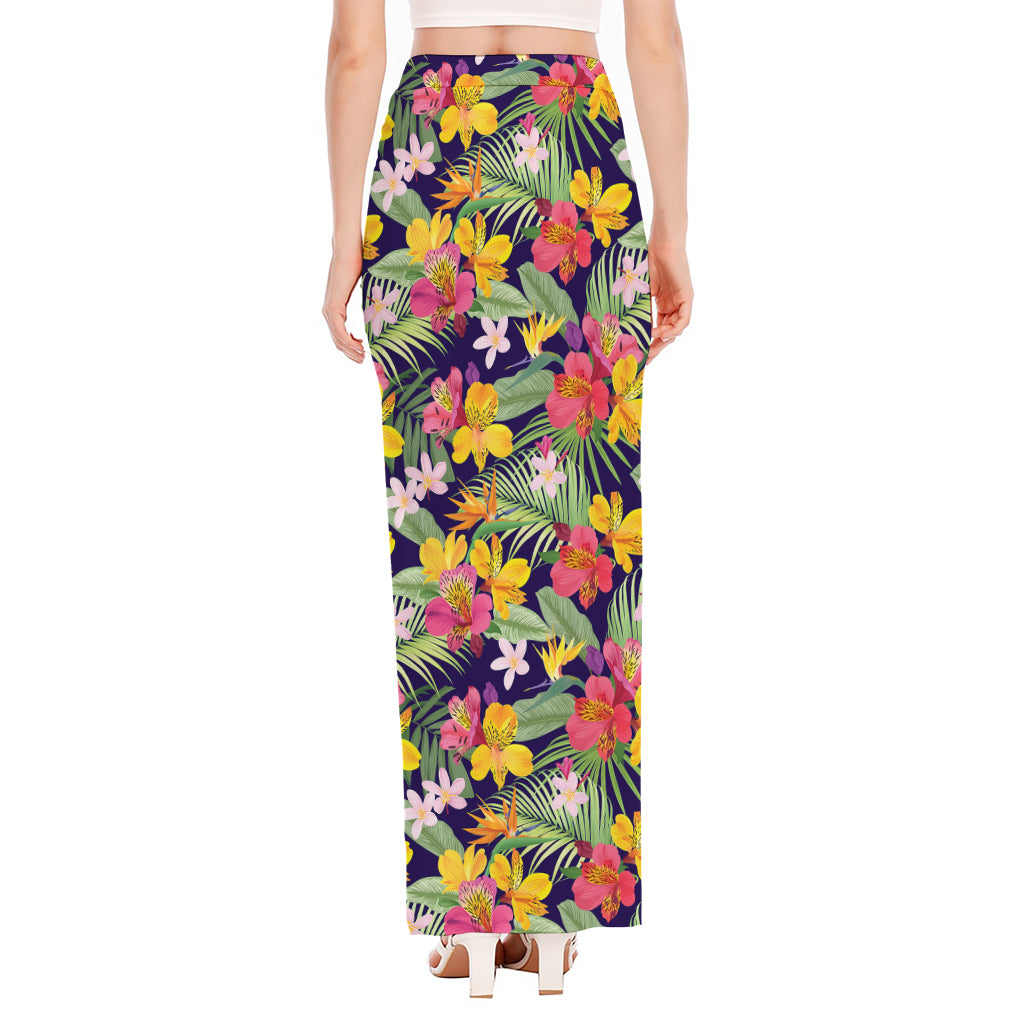 Tropical Alstroemeria Pattern Print High Slit Maxi Skirt