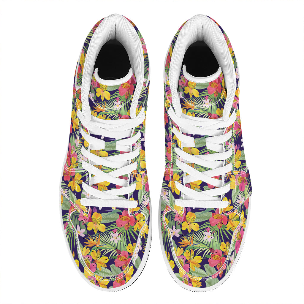 Tropical Alstroemeria Pattern Print High Top Leather Sneakers