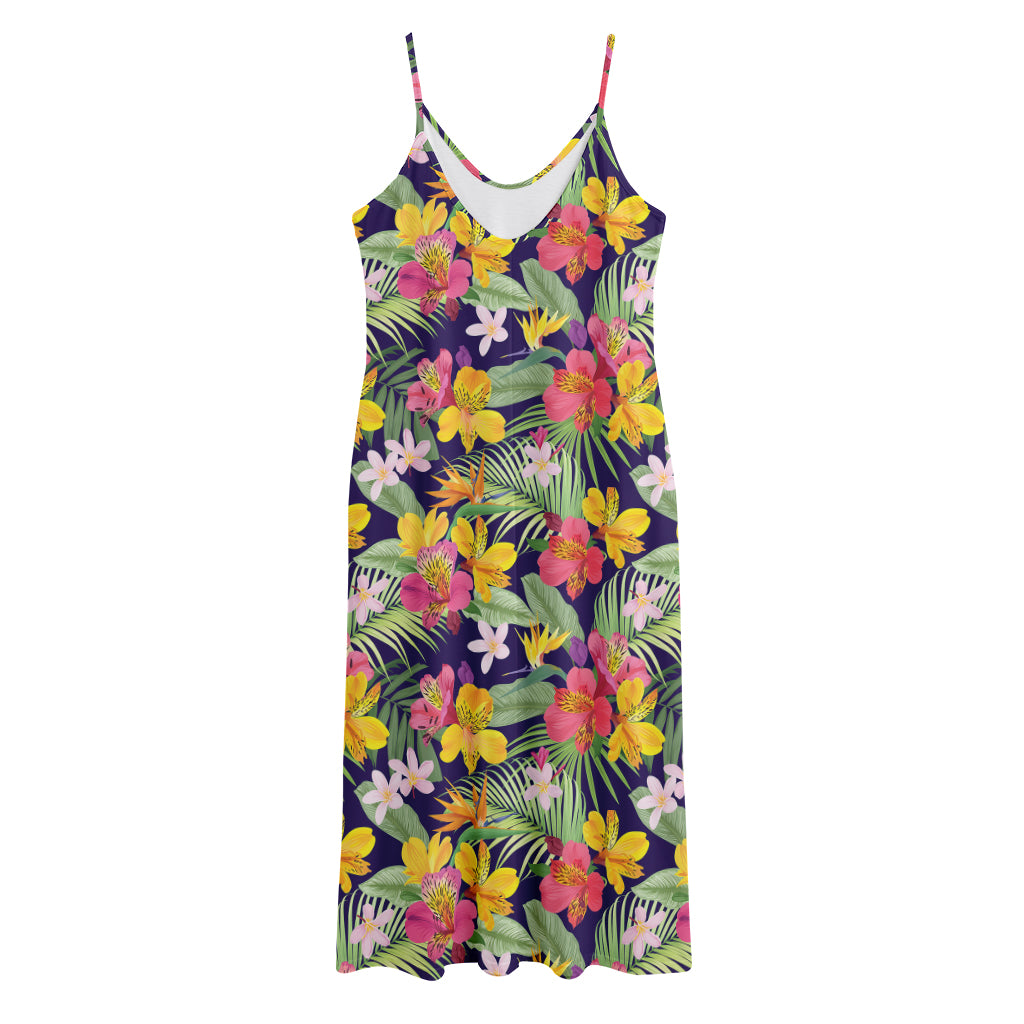 Tropical Alstroemeria Pattern Print Jersey Midi Cami Dress