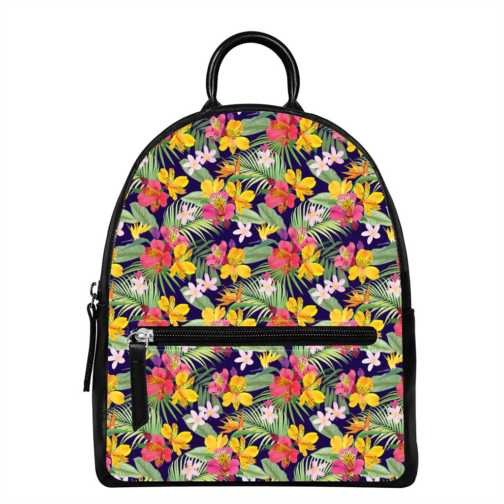 Tropical Alstroemeria Pattern Print Leather Backpack