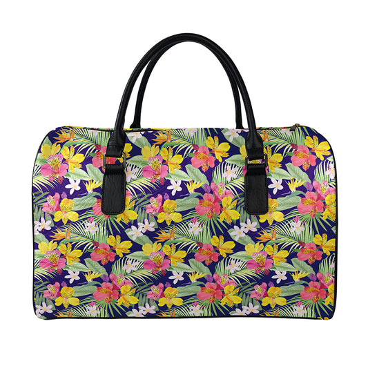 Tropical Alstroemeria Pattern Print Leather Duffle Bag