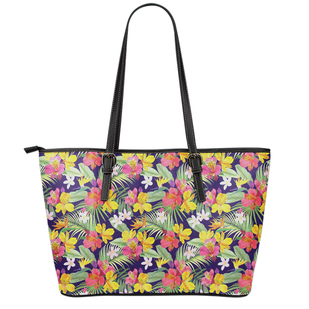 Tropical Alstroemeria Pattern Print Leather Tote Bag