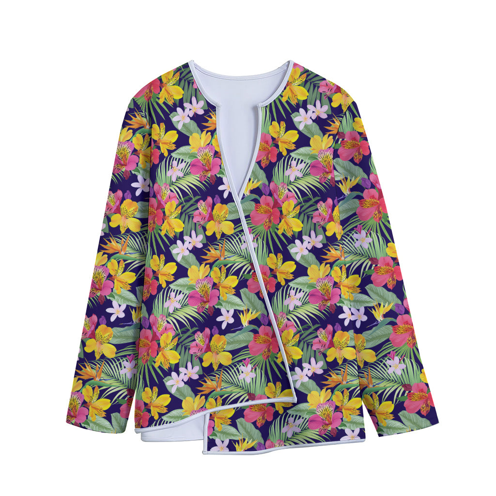 Tropical Alstroemeria Pattern Print Long Sleeve Short Coat