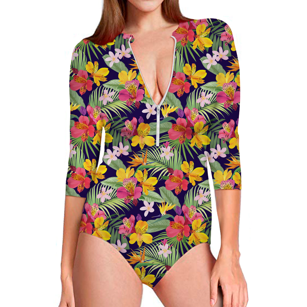 Tropical Alstroemeria Pattern Print Long Sleeve Swimsuit