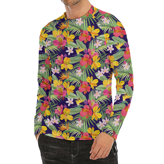 Tropical Alstroemeria Pattern Print Men's Long Sleeve Rash Guard
