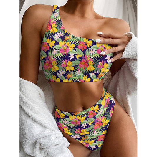 Tropical Alstroemeria Pattern Print One Shoulder Bikini Top