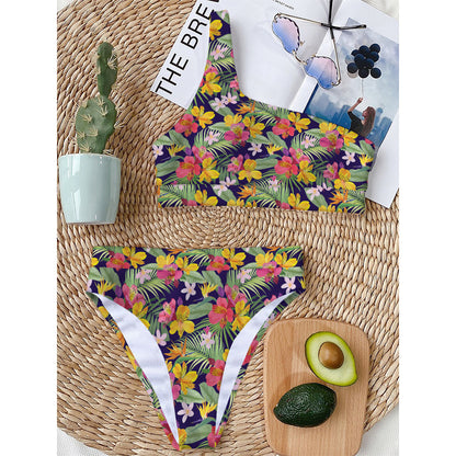 Tropical Alstroemeria Pattern Print One Shoulder Bikini Top