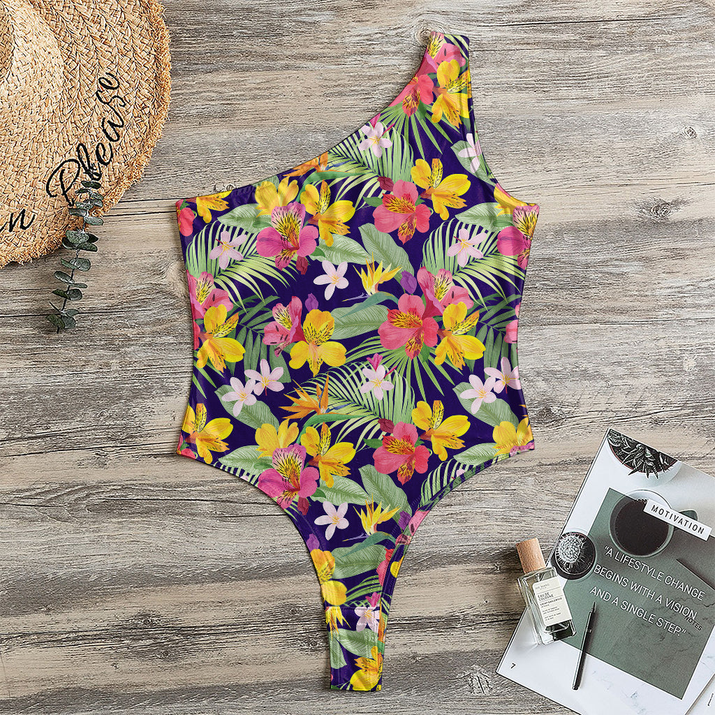 Tropical Alstroemeria Pattern Print One Shoulder Bodysuit